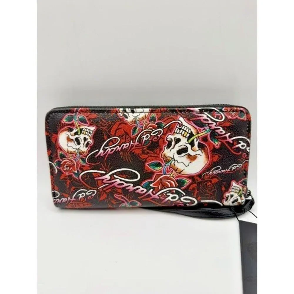 Ed Hardy Skull Rose Zip Around Wallet Wristlet Y2K Retro Black Red Tattoo New